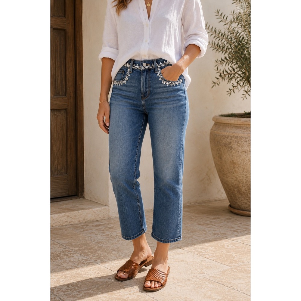 Driftwood Stella Embroidered Cropped Straight Leg Stretch Jeans Blue 31 Boho‎